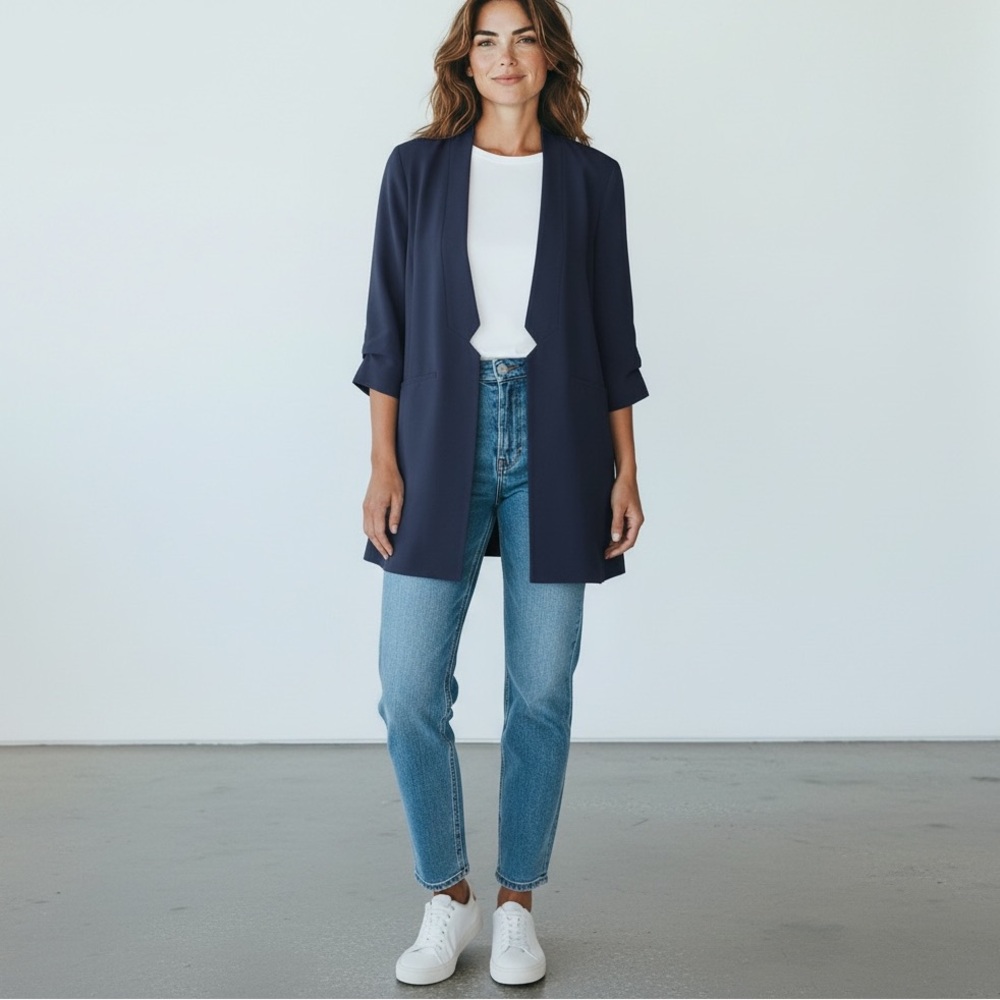 Eileen Fisher Silk Georgette Long Navy Open Front Notched Blazer Size Small